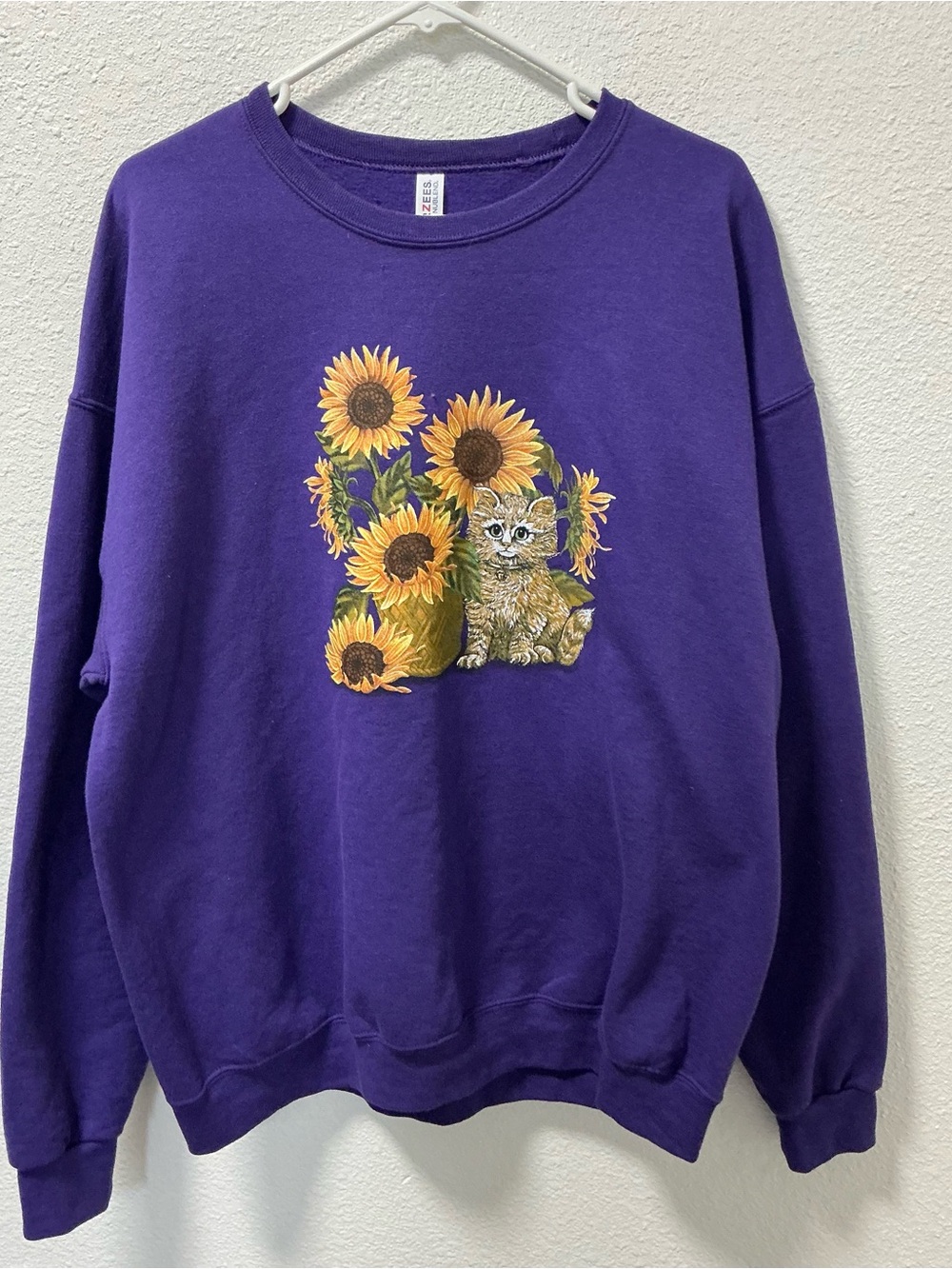 Vintage Jerzees Purple Sweatshirt with Sunflower & Cat Graphic Size XL Grandma